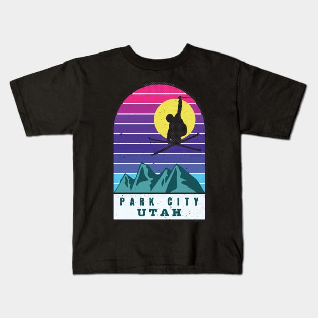 Ski Park City Utah Retro Sunset Kids T-Shirt by JordanHolmes